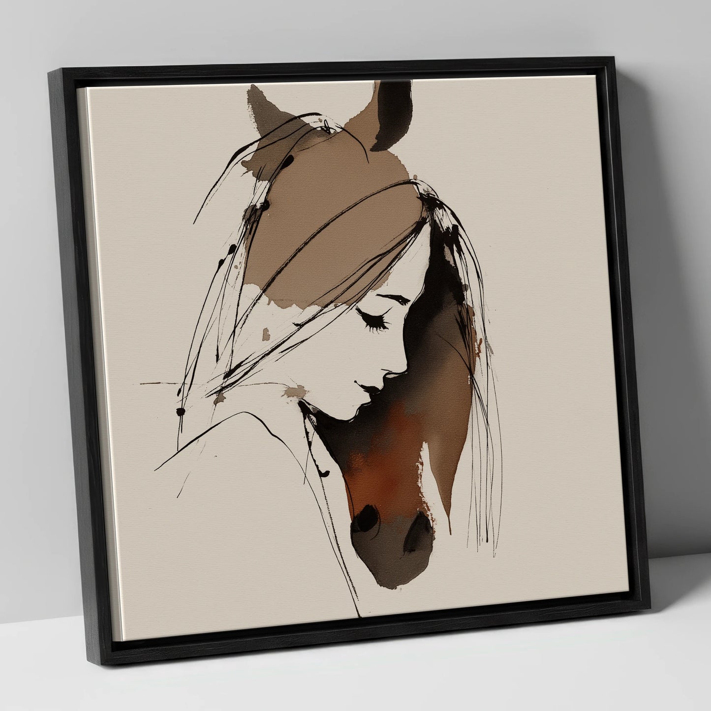 Intertwined Spirits horse & rider canvas wall art in black frame