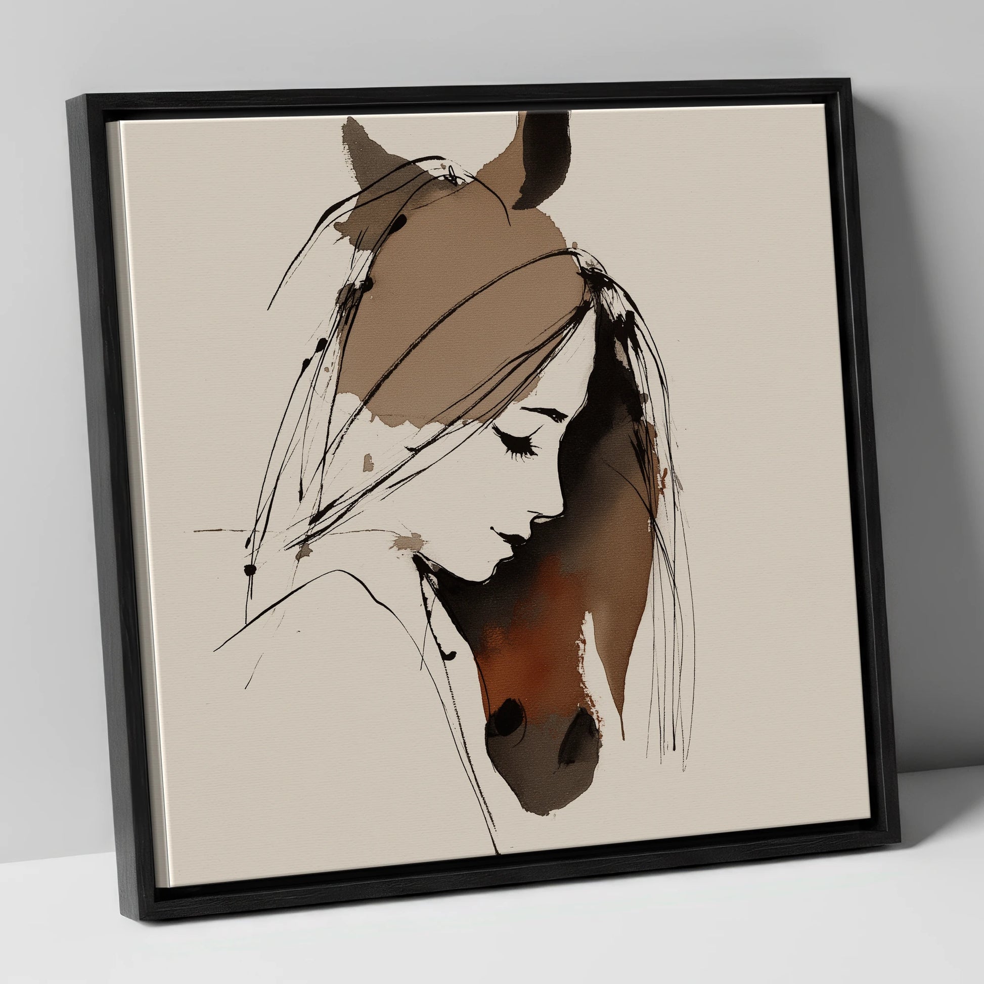 Intertwined Spirits horse & rider canvas wall art in black frame