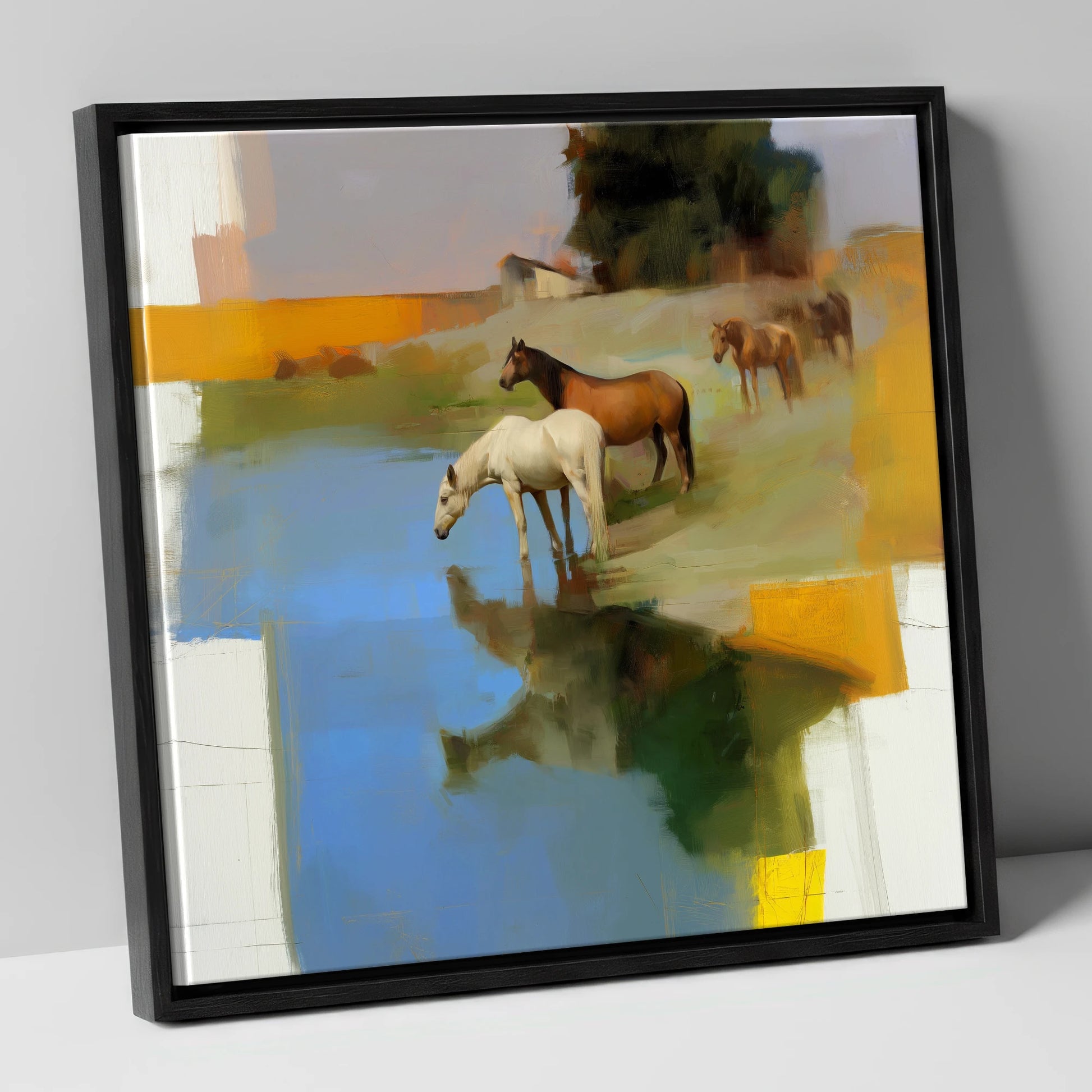 Cerulean Reflections wild horses canvas wall art in black frame
