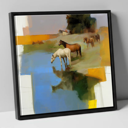 Cerulean Reflections wild horses canvas wall art in black frame