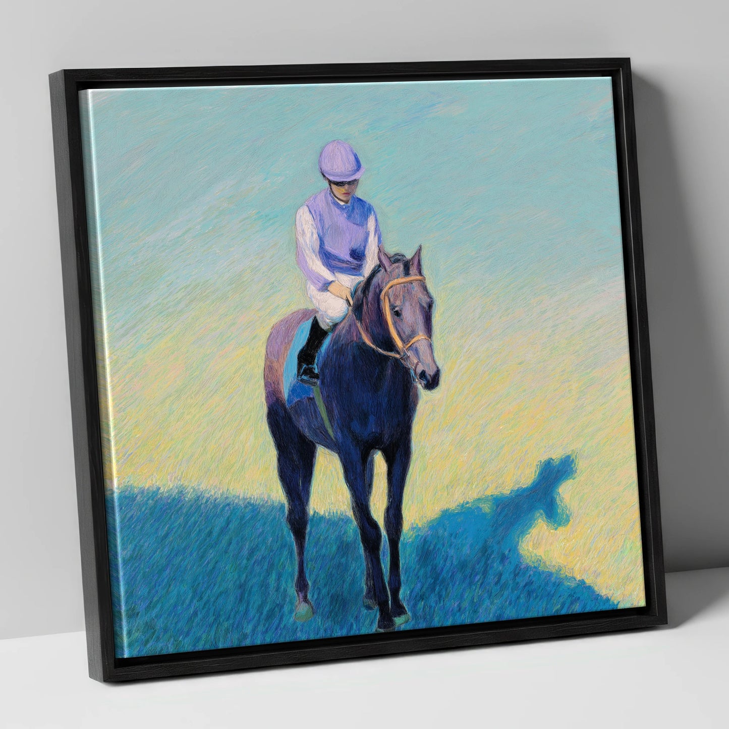 Lavender Silks racing horse canvas wall art in black frame