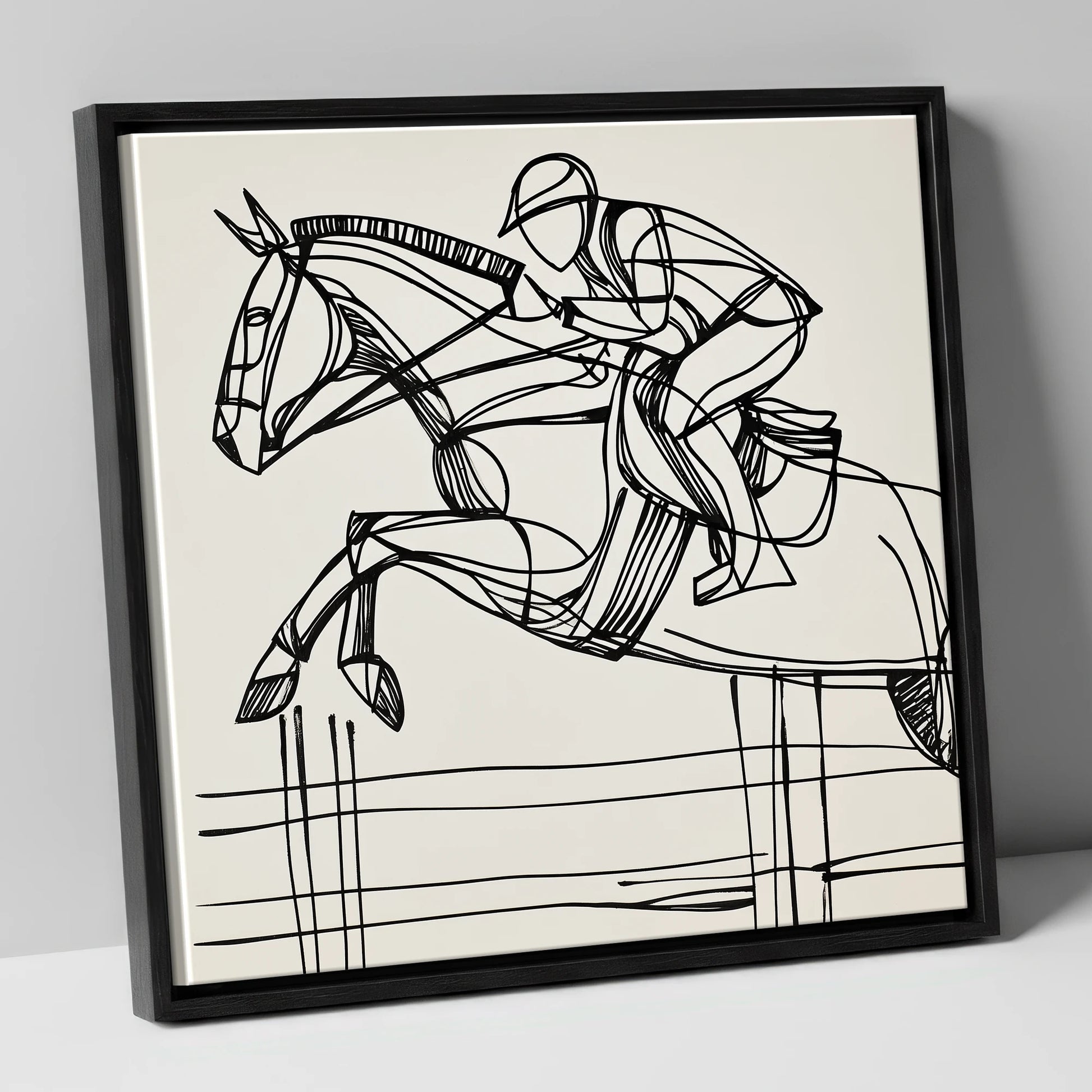 The Perfect Arc show jumping horse canvas wall art in black frame