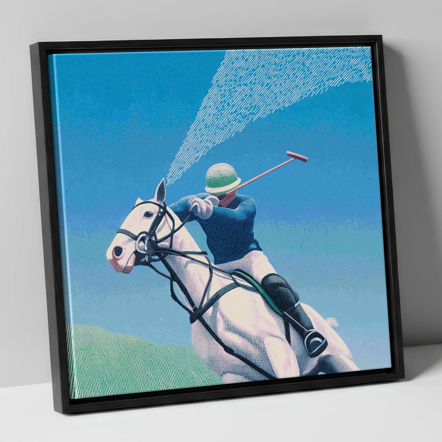 Skyward Swing polo horse canvas wall art in black frame