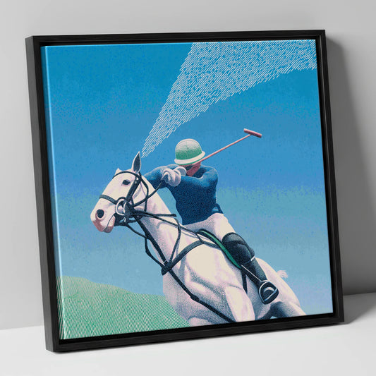 Skyward Swing polo horse canvas wall art in black frame