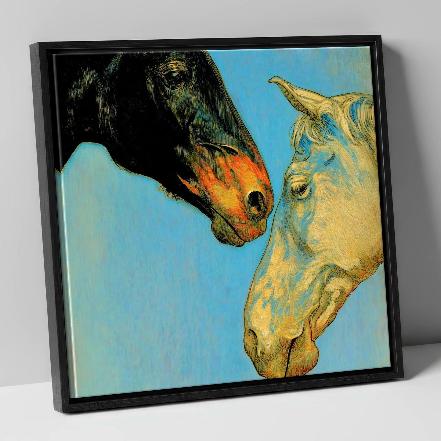 Sun and Shadow horse portrait canvas wall art in black frame
