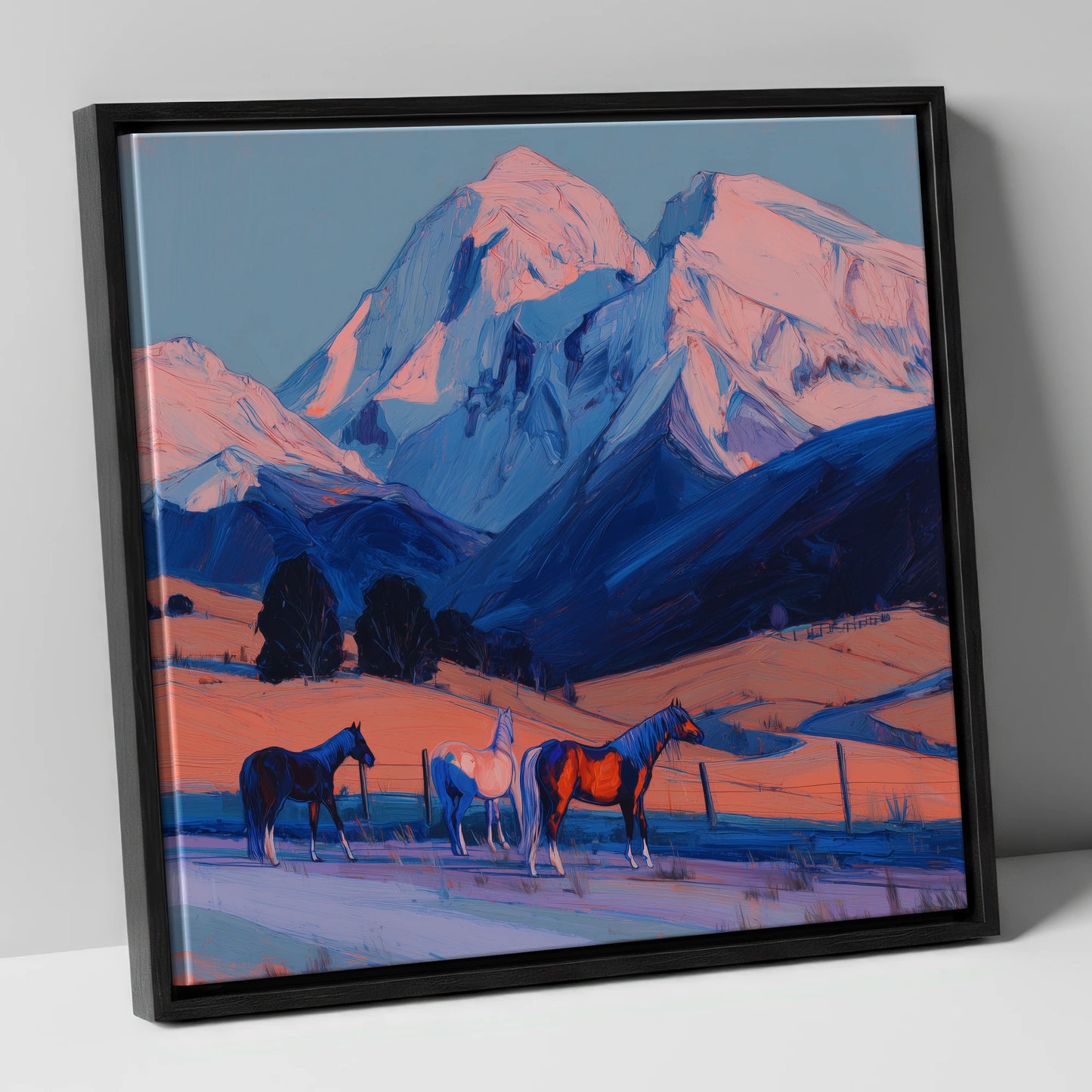 Mountain Alpenglow Pastures horse landscape canvas wall art in black frame
