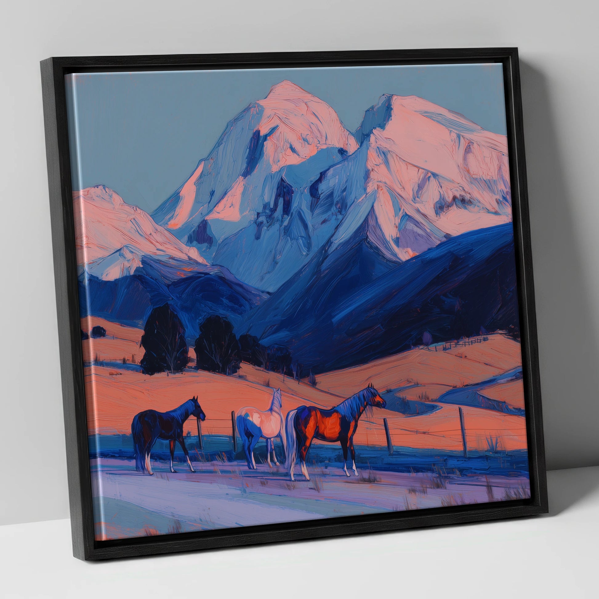 Mountain Alpenglow Pastures horse landscape canvas wall art in black frame