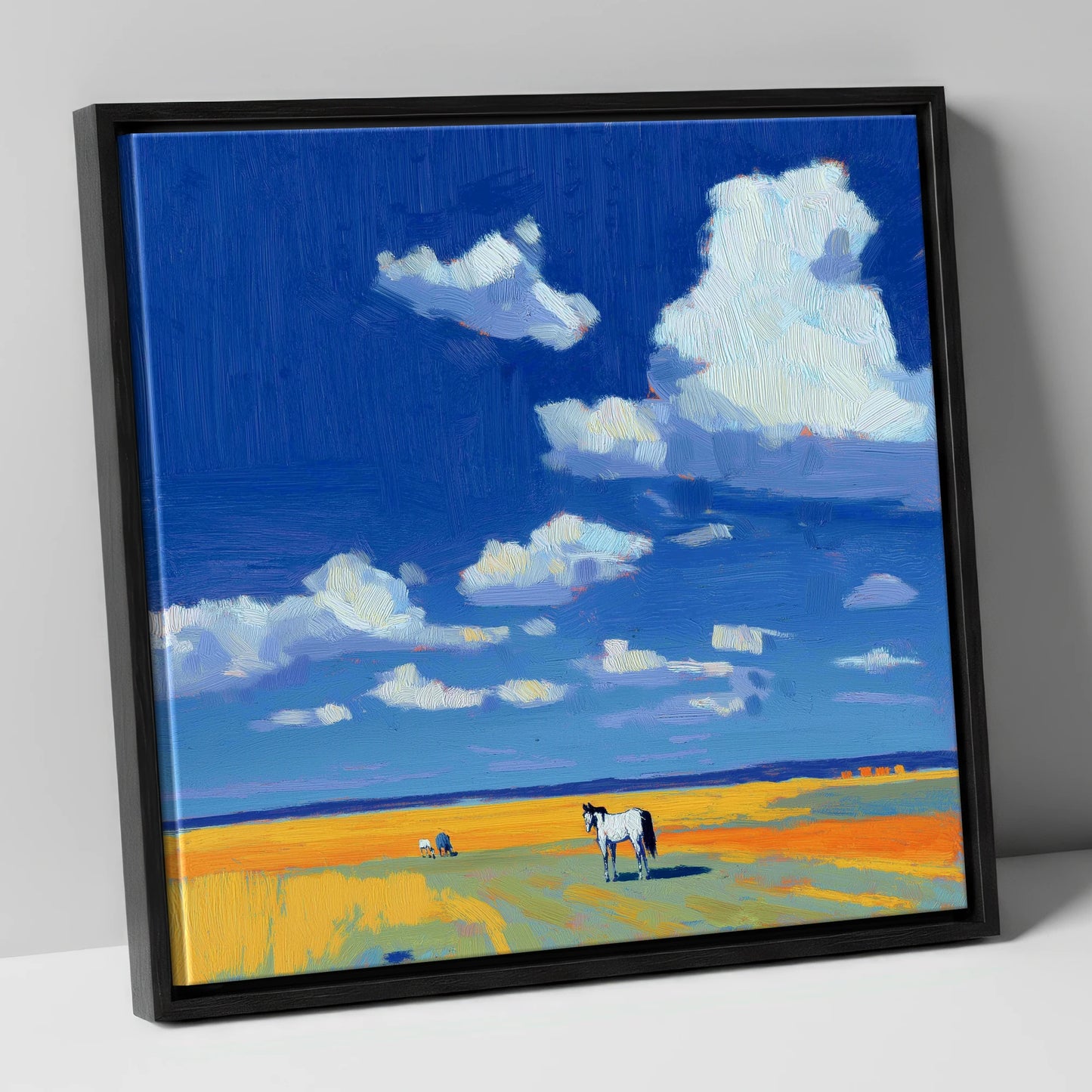 Beneath the Ultramarine Sky horse landscape canvas wall art in black frame