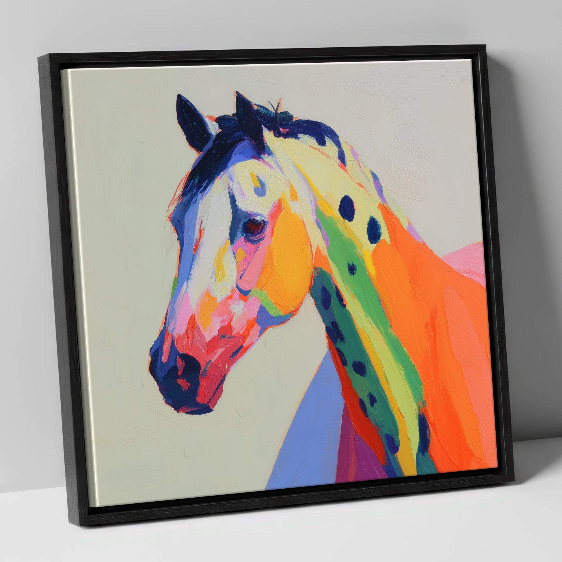 Vibrant Appaloosa Spirit horse breed canvas wall art in black frame