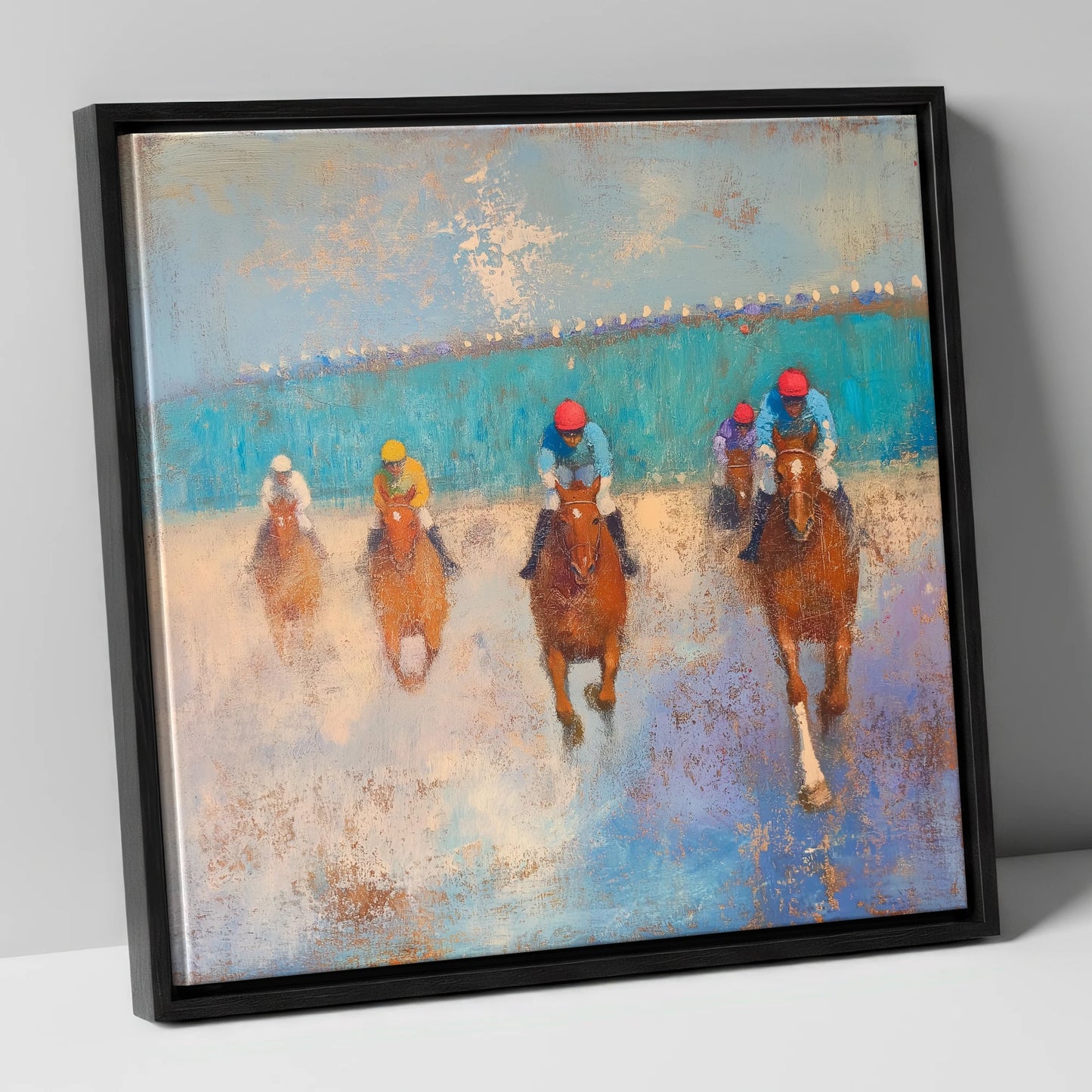 Towards the Wire racing horse canvas wall art in black frame