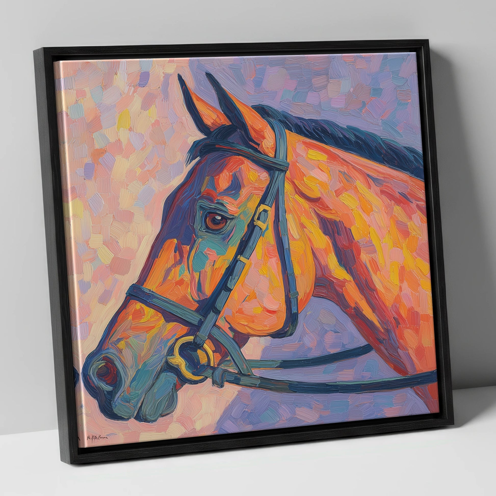 Vivid Equine Gaze racing horse canvas wall art in black frame