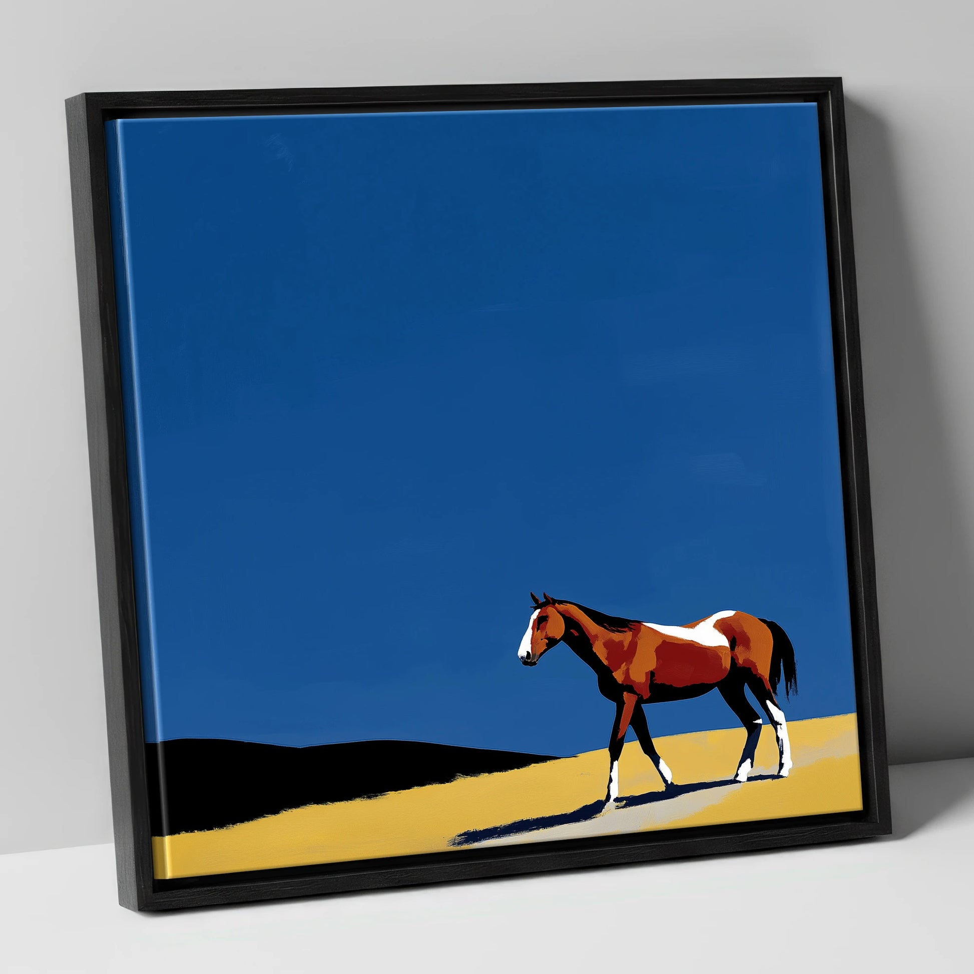 The Cobalt Horizon horse landscape canvas wall art in black frame