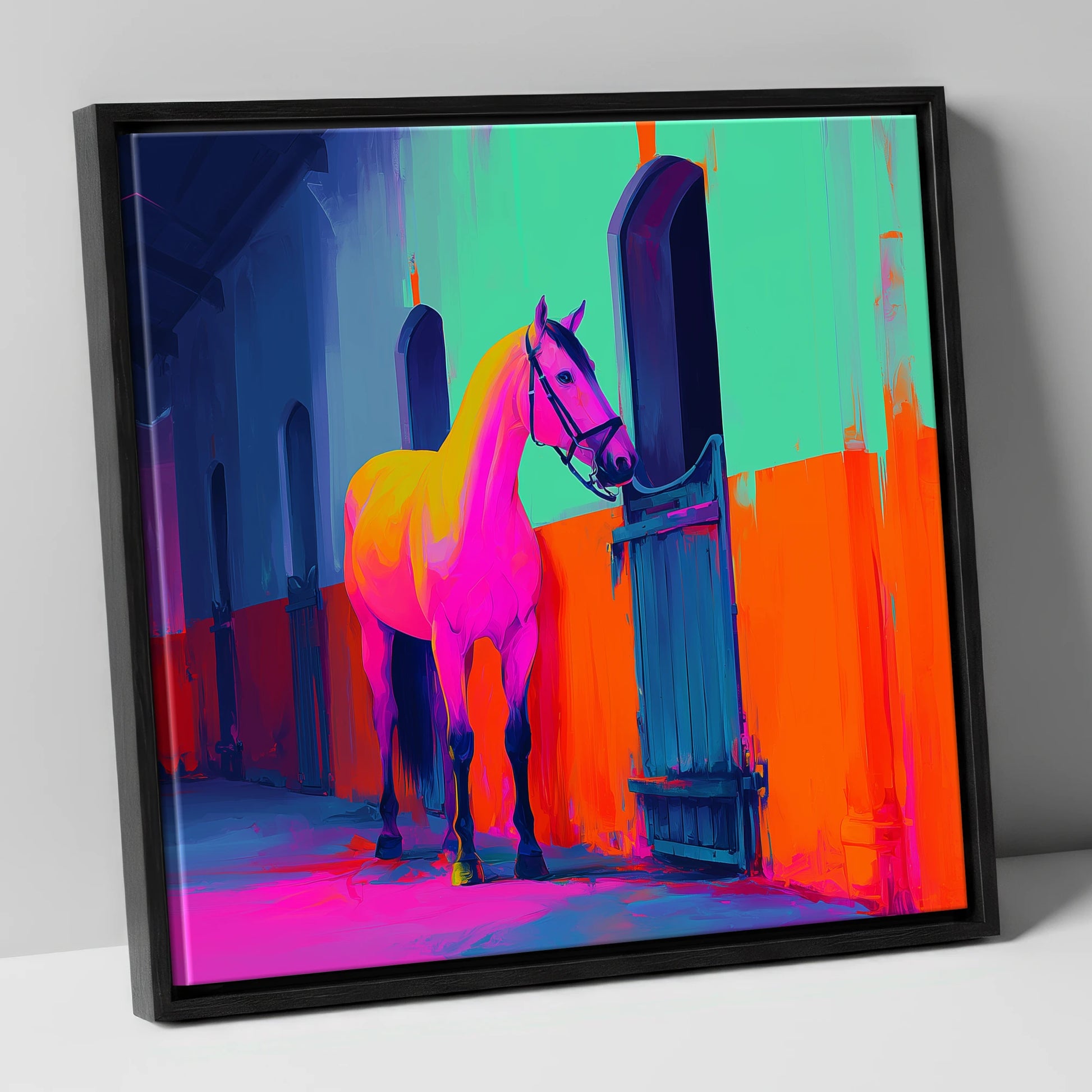 Neon Stable Companion horse stable canvas wall art in black frame