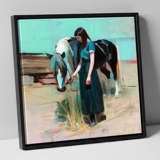 Stillness in Teal horse & rider canvas wall art in black frame