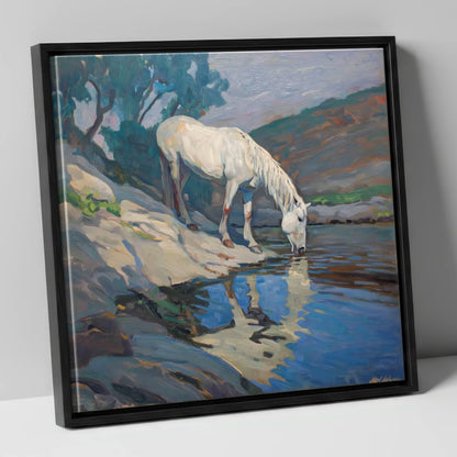 Tranquil Waters Edge horse landscape canvas wall art in black frame