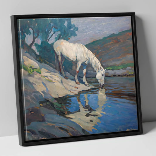 Tranquil Waters Edge horse landscape canvas wall art in black frame