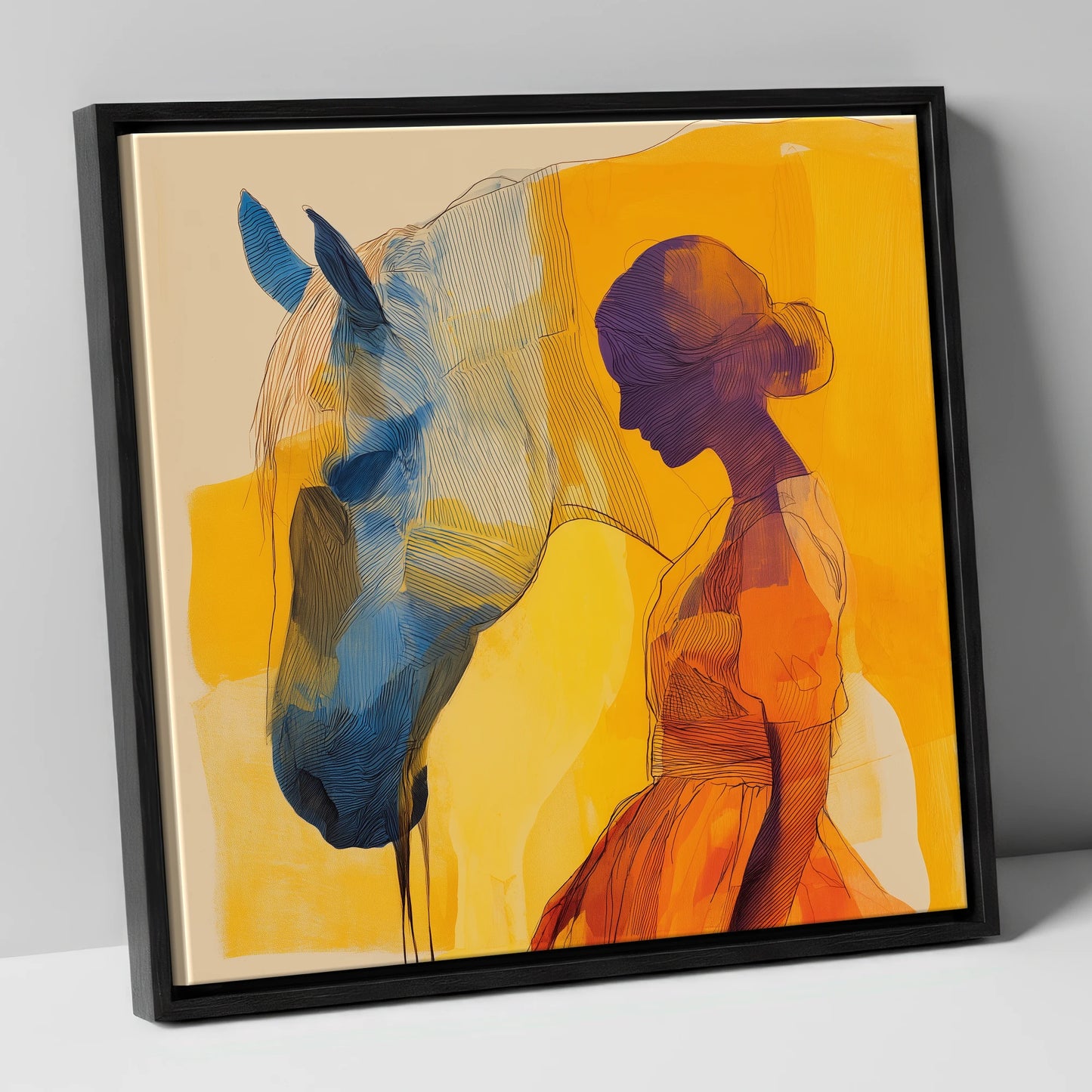 Amber Reverie horse & rider canvas wall art in black frame