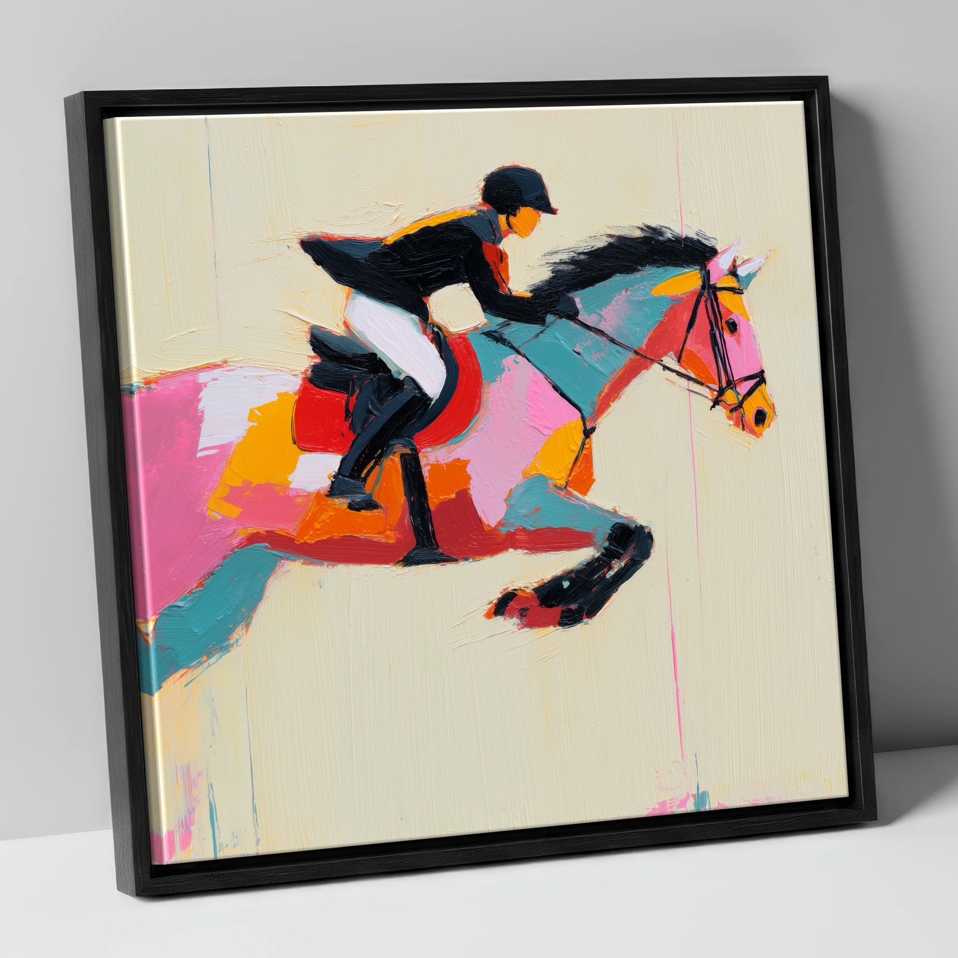 Vivid Showjumping Flight show jumping horse canvas wall art in black frame
