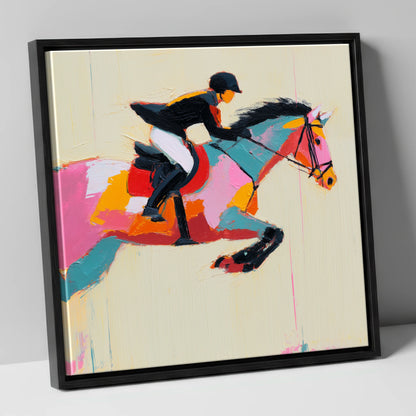 Vivid Showjumping Flight show jumping horse canvas wall art in black frame
