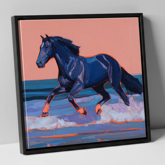 Indigo Surf Canter beach horse canvas wall art in black frame