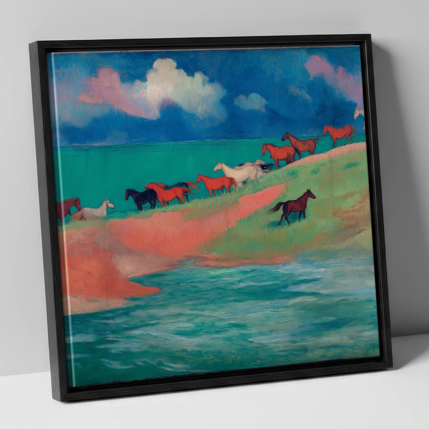 Spirited Coastal Herd wild horses canvas wall art in black frame