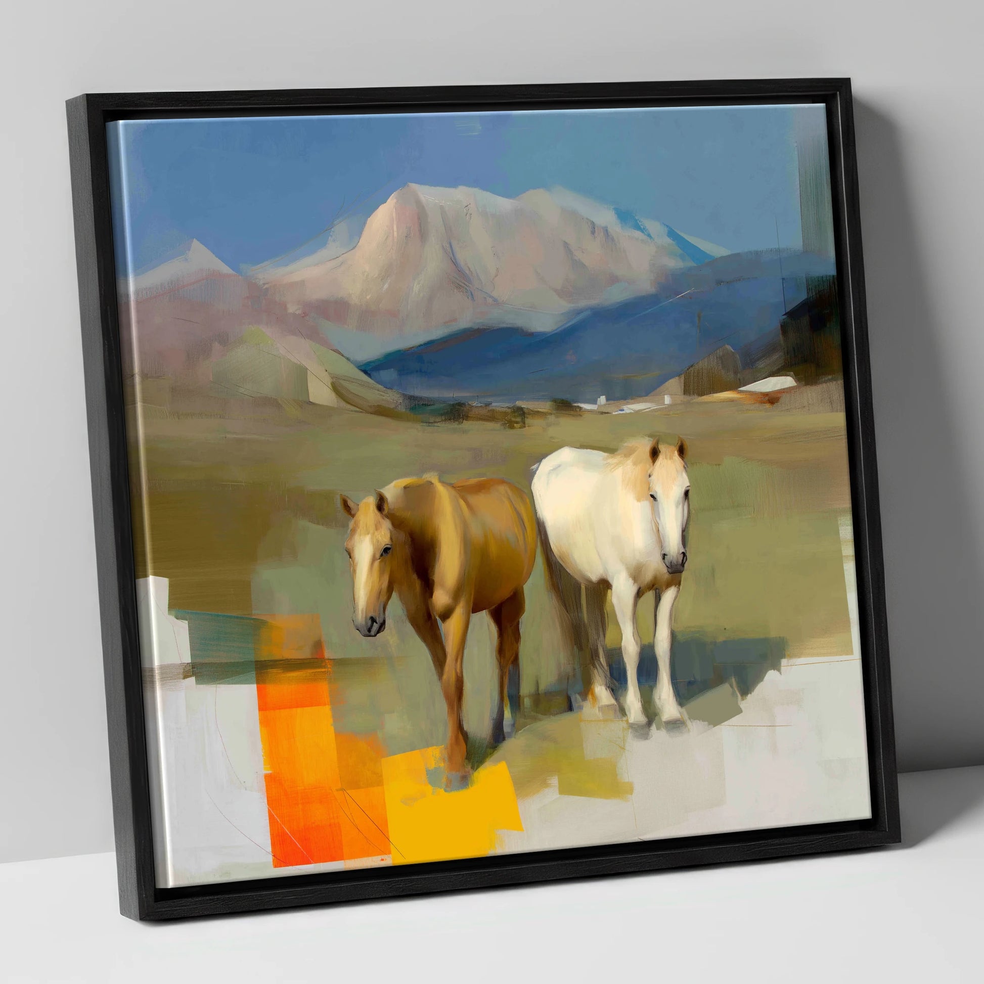 Abstract Alpine Companions horse landscape canvas wall art in black frame