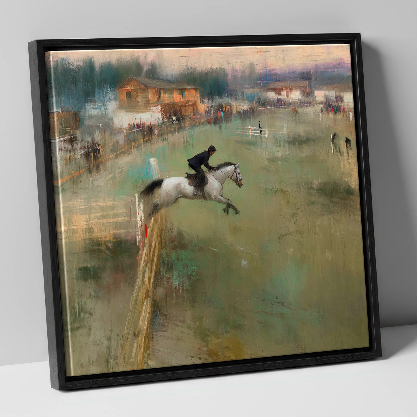 Clearing the Timber show jumping horse canvas wall art in black frame