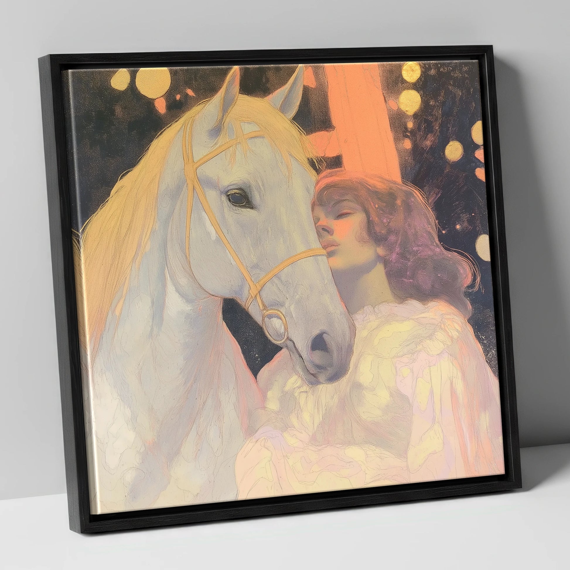 Starlit Bond horse & rider canvas wall art in black frame