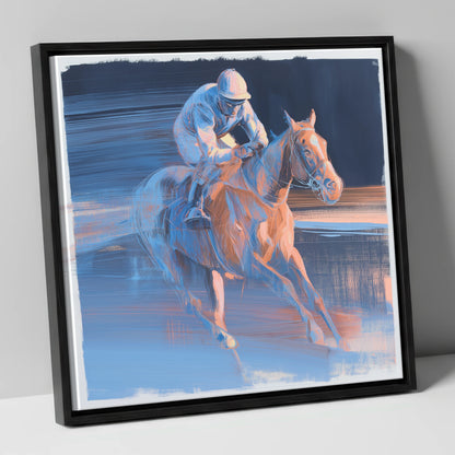 Twilight Stretch racing horse canvas wall art in black frame