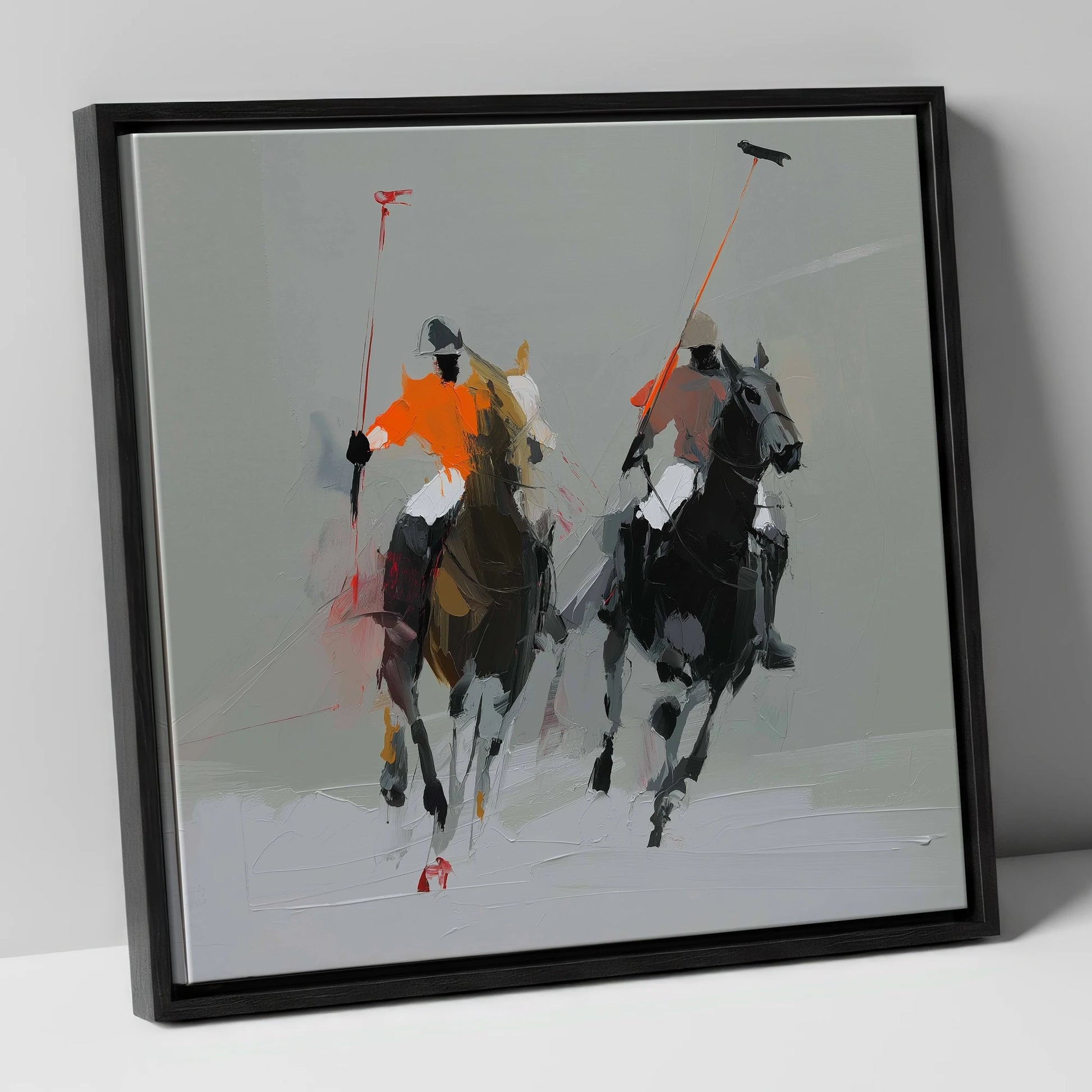 The Breakaway polo horse canvas wall art in black frame