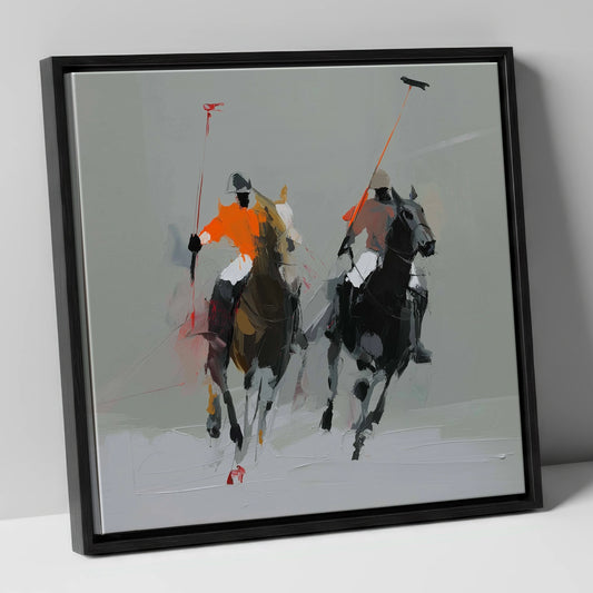 The Breakaway polo horse canvas wall art in black frame