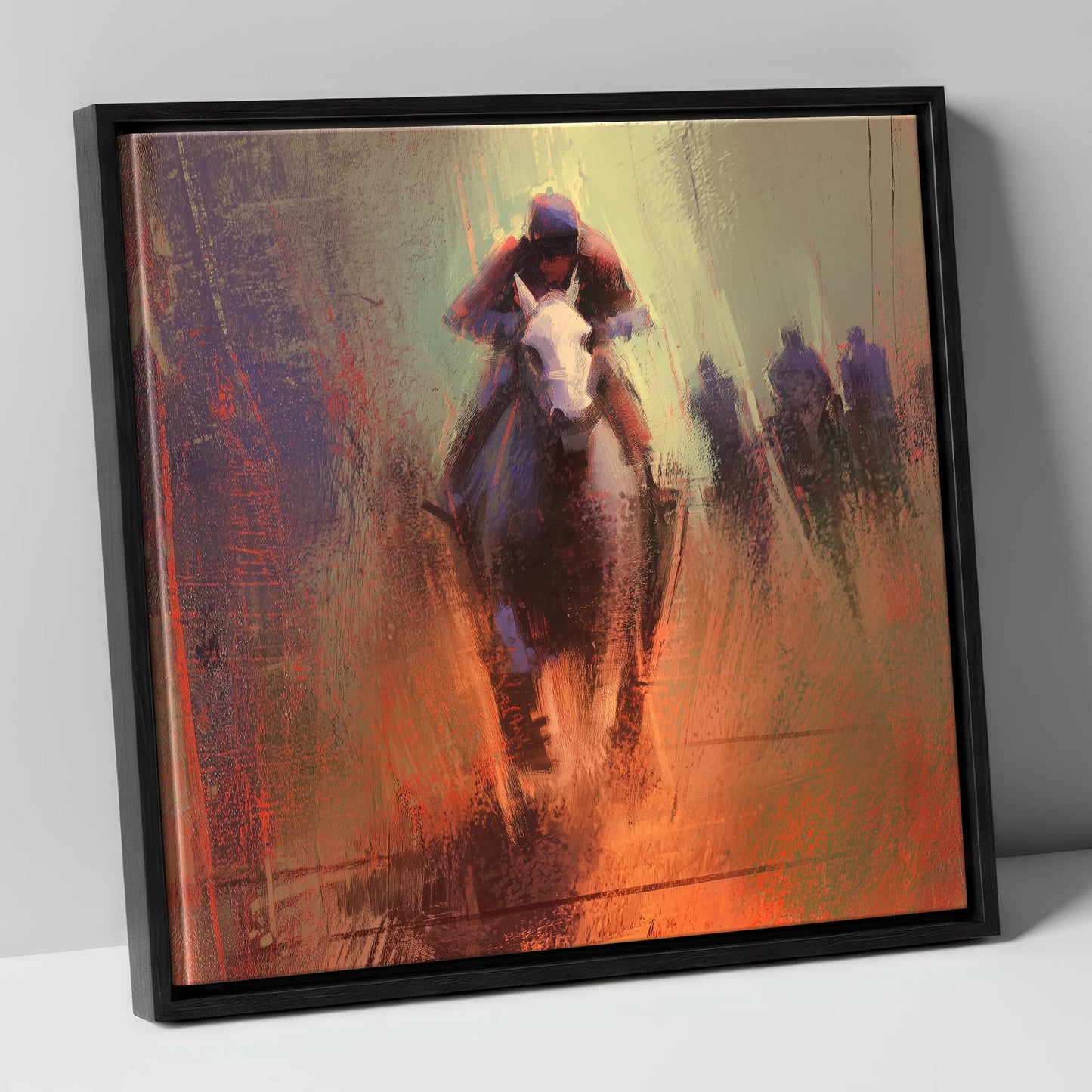 The Home Straight racing horse canvas wall art in black frame