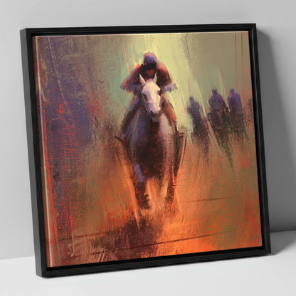 The Home Straight racing horse canvas wall art in black frame