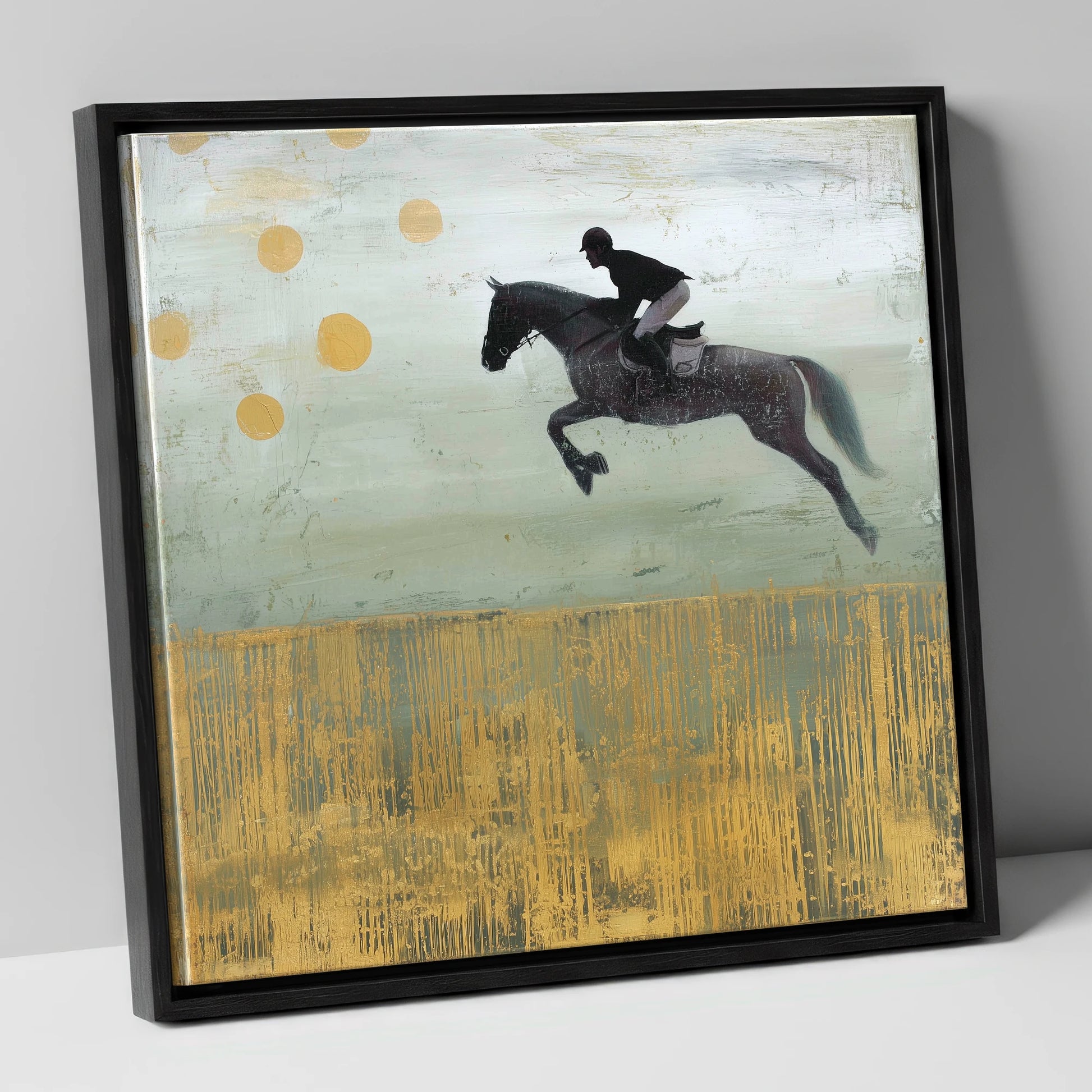 Gilded Flight show jumping horse canvas wall art in black frame