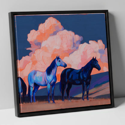 Indigo Horses Beneath Pastel Skies horse landscape canvas wall art in black frame