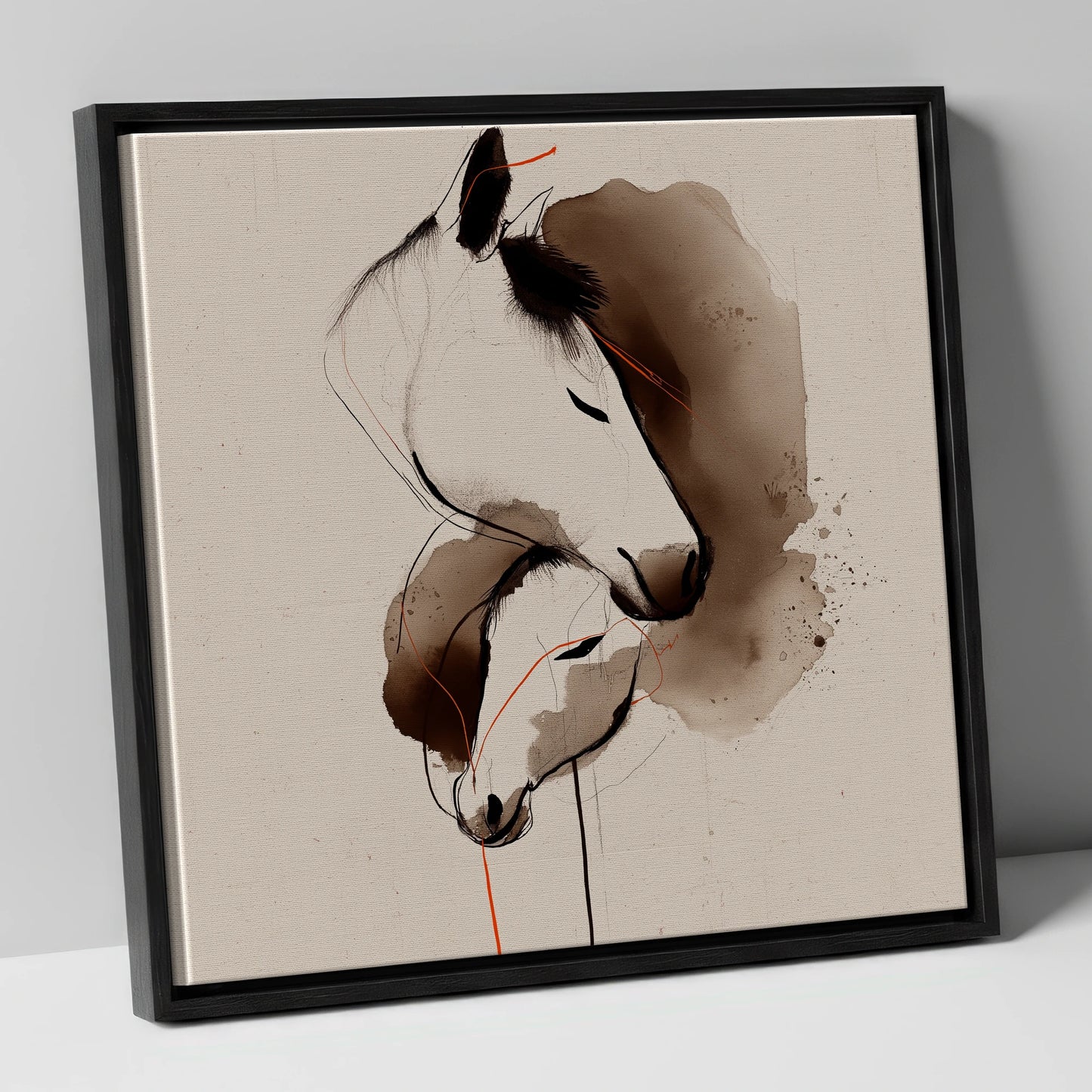 Tender Sepia Bond mare & foal canvas wall art in black frame
