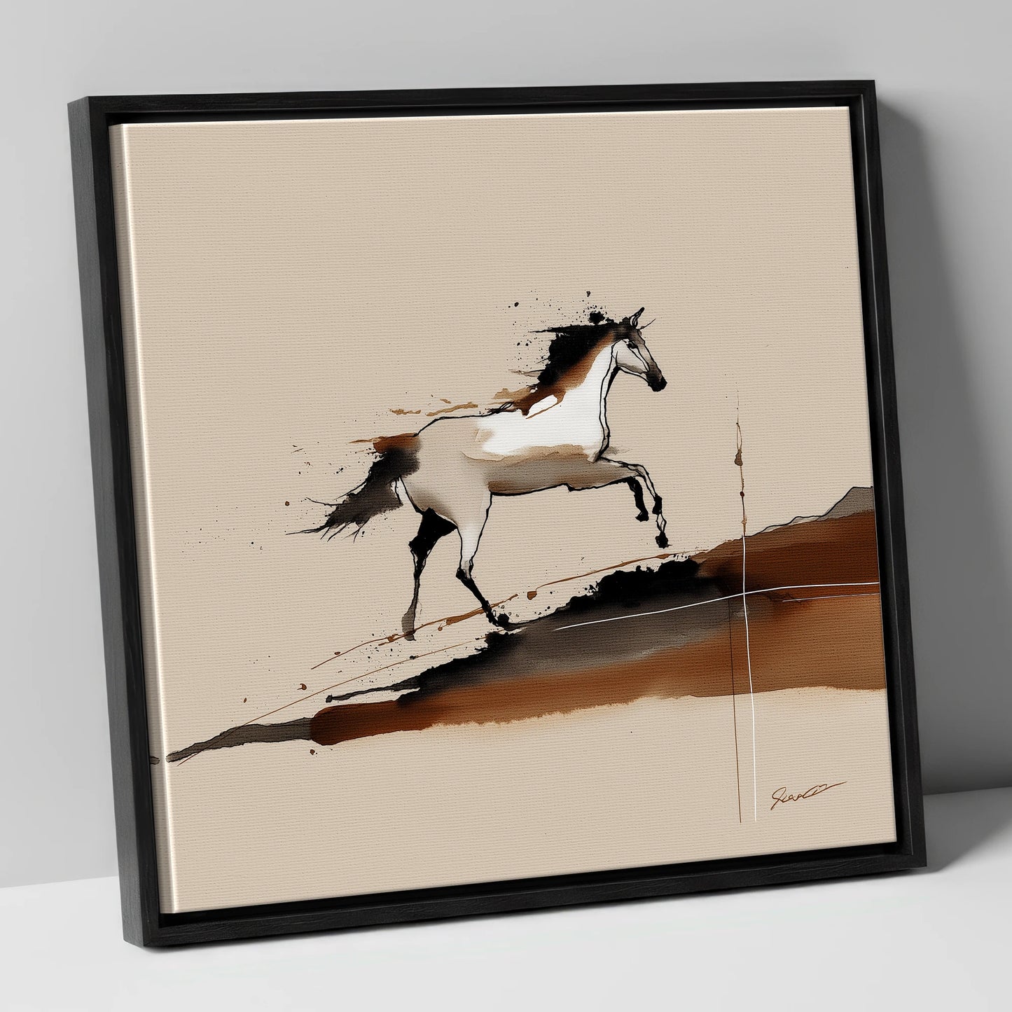 Earthen Canter wild horses canvas wall art in black frame
