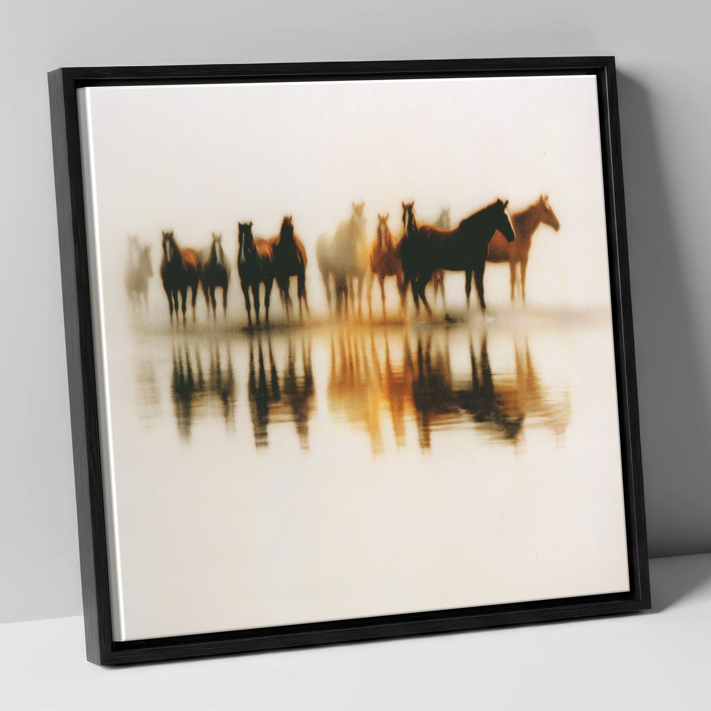 Mirrored in Mist wild horses canvas wall art in black frame