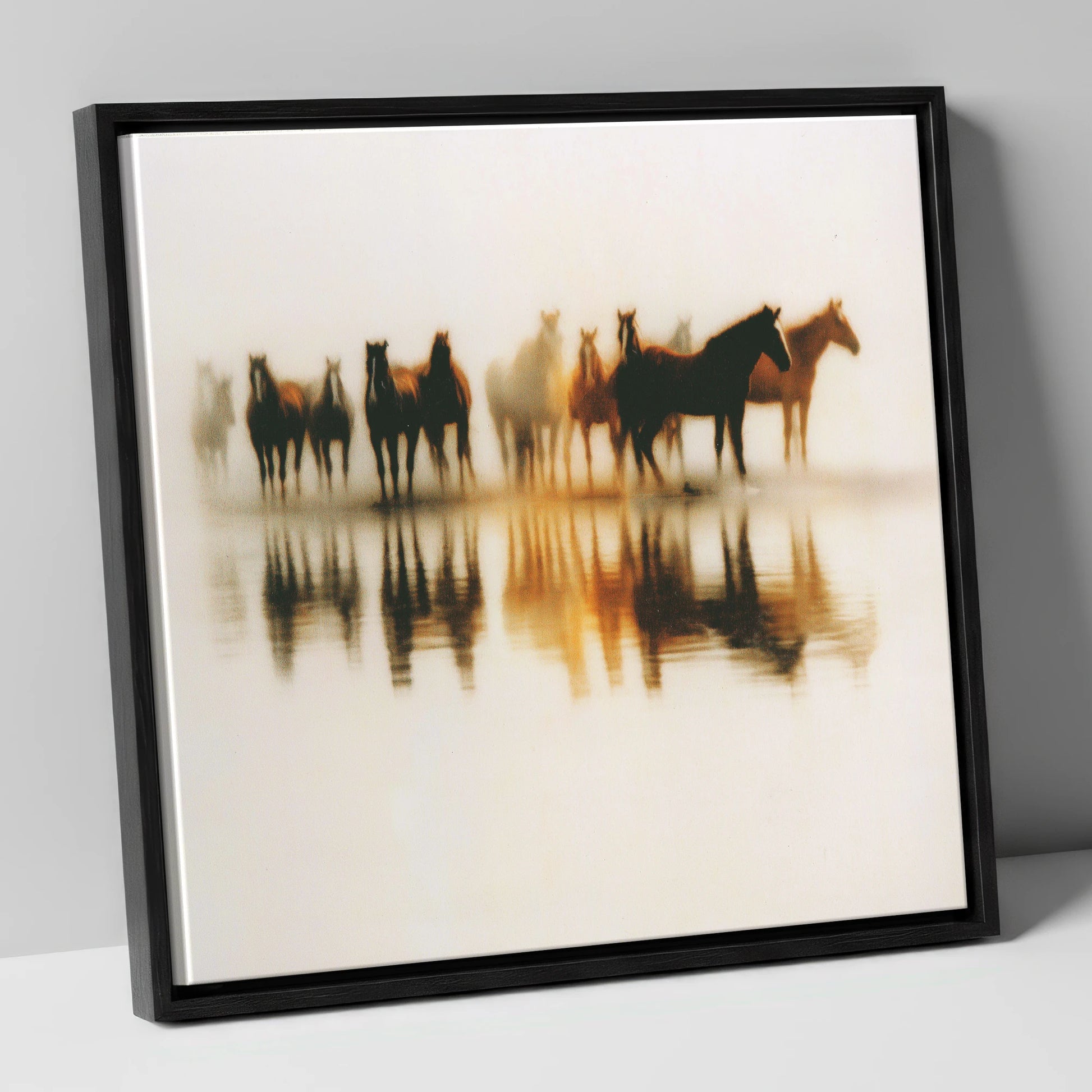 Mirrored in Mist wild horses canvas wall art in black frame