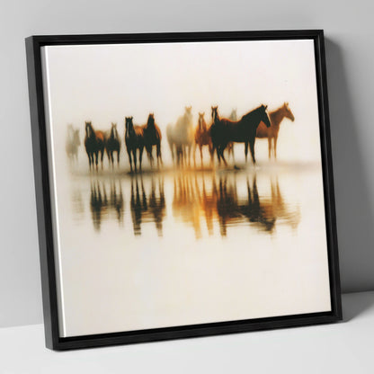 Mirrored in Mist wild horses canvas wall art in black frame