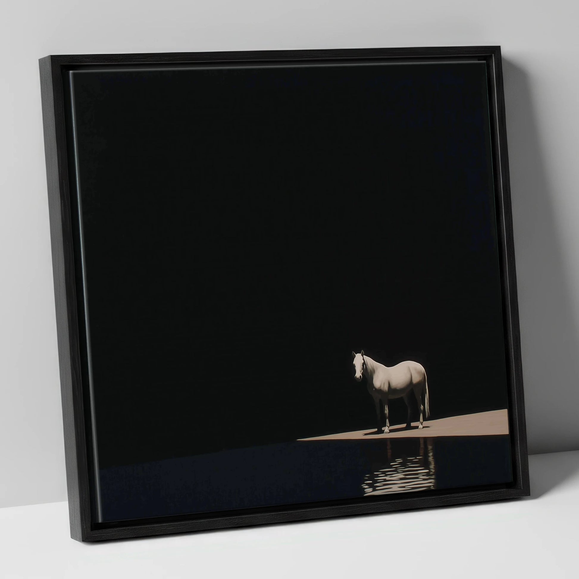 The Luminous Grey horse portrait canvas wall art in black frame