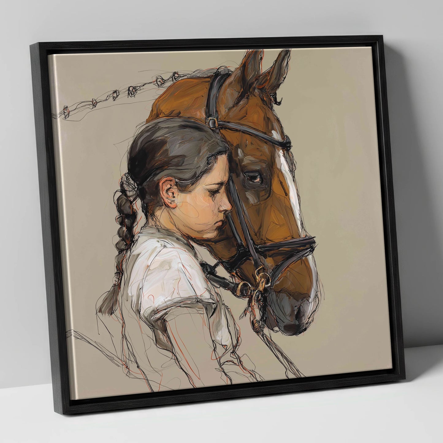The Quiet Bond horse & rider canvas wall art in black frame