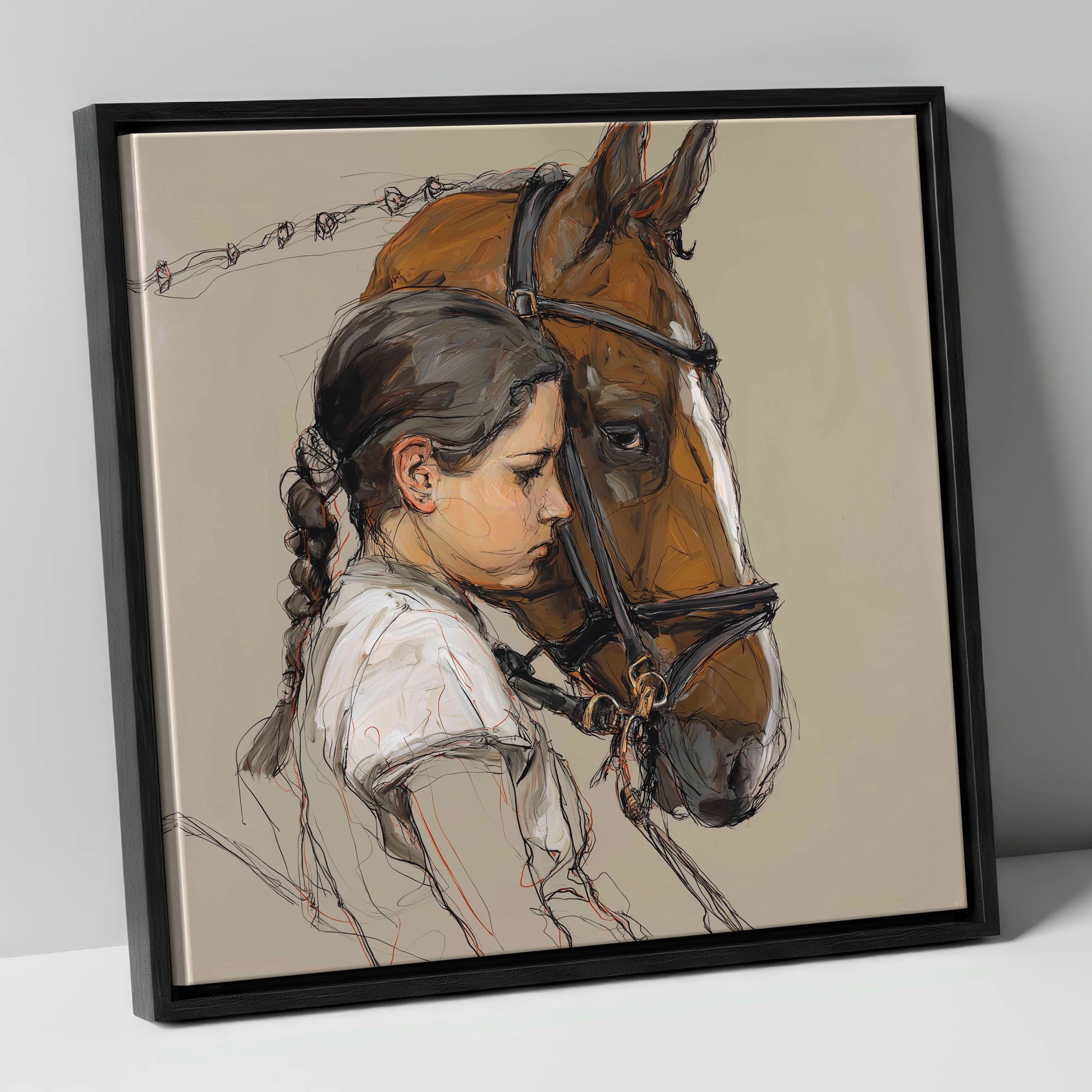 The Quiet Bond horse & rider canvas wall art in black frame