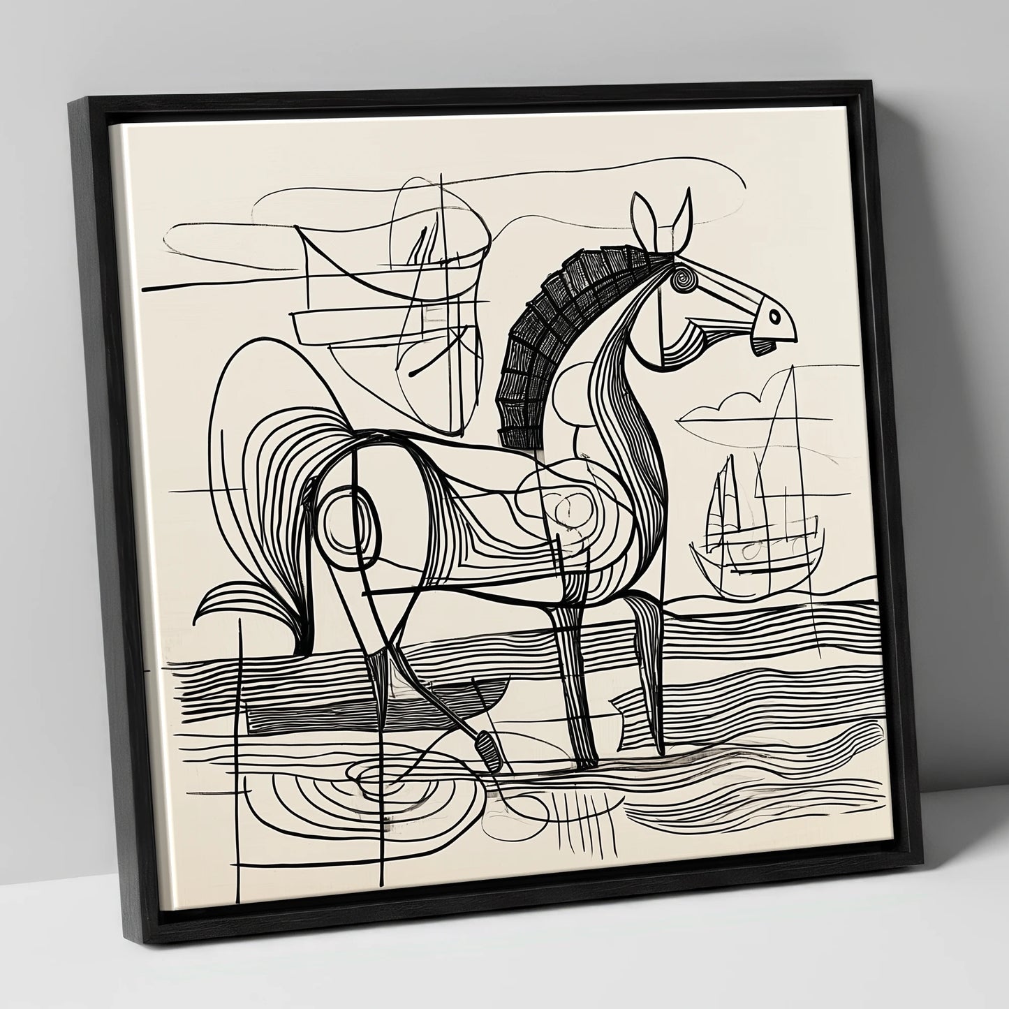 Abstract Coastal Equine beach horse canvas wall art in black frame