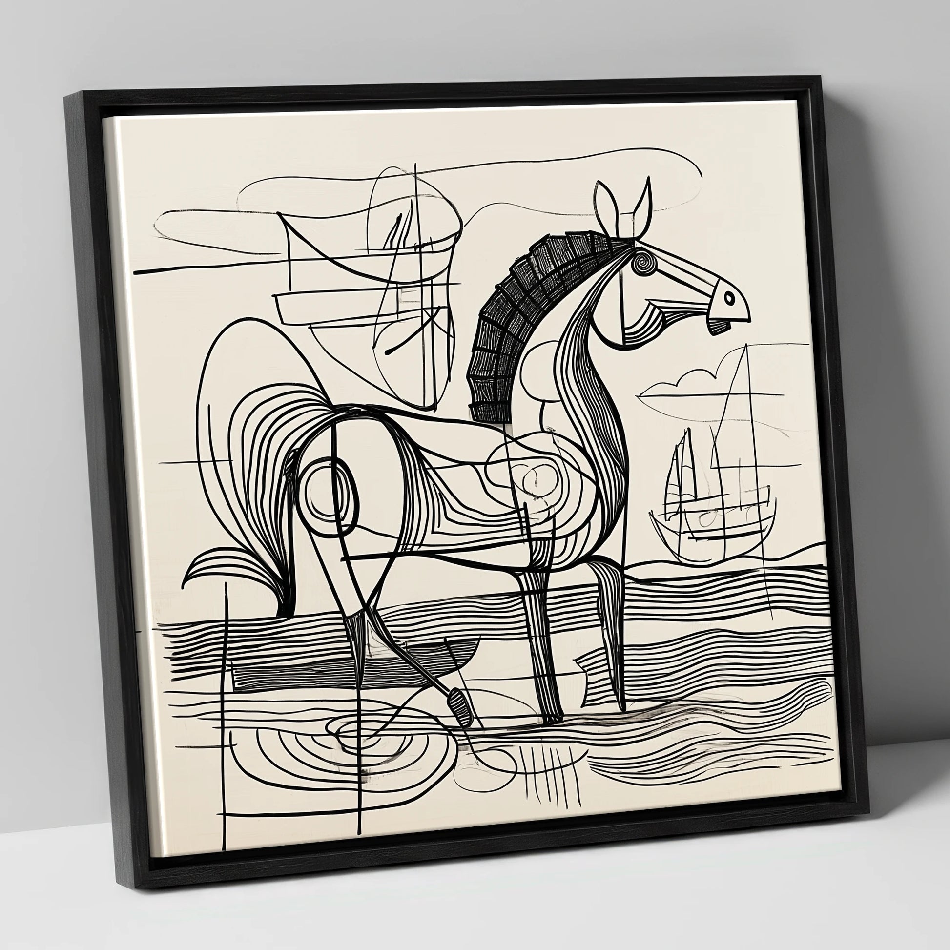Abstract Coastal Equine beach horse canvas wall art in black frame