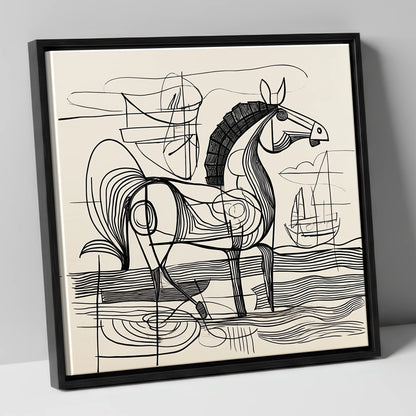 Abstract Coastal Equine beach horse canvas wall art in black frame