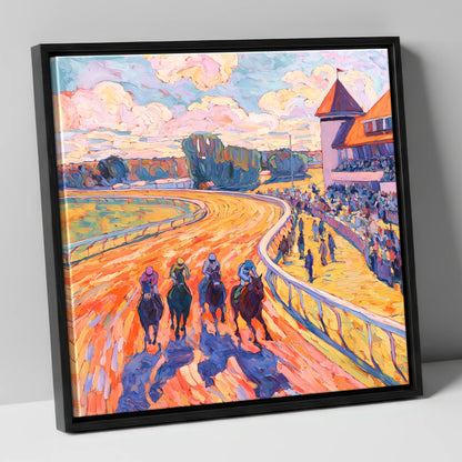 Colours of the Home Straight racing horse canvas wall art in black frame