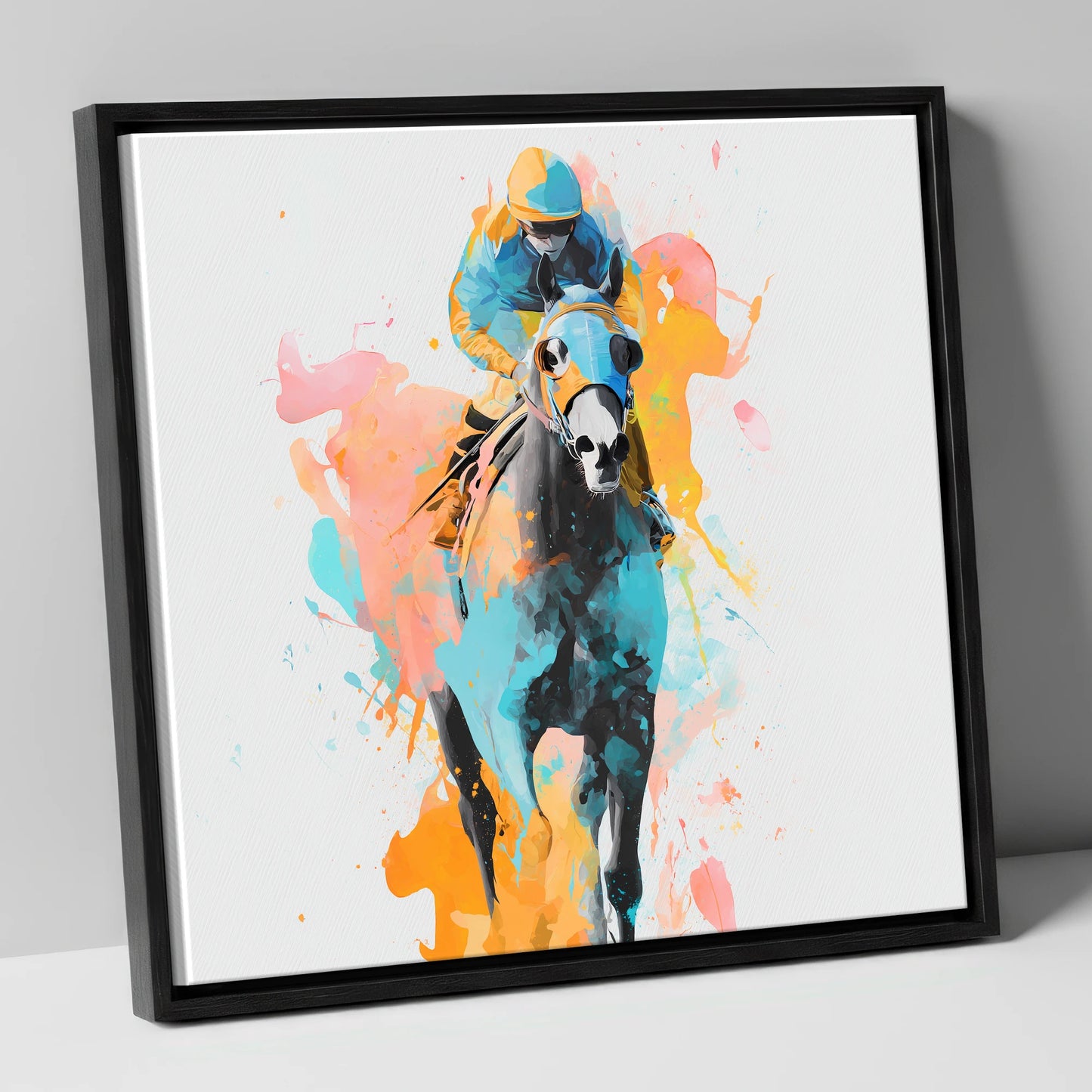 Vibrant Front Runner racing horse canvas wall art in black frame