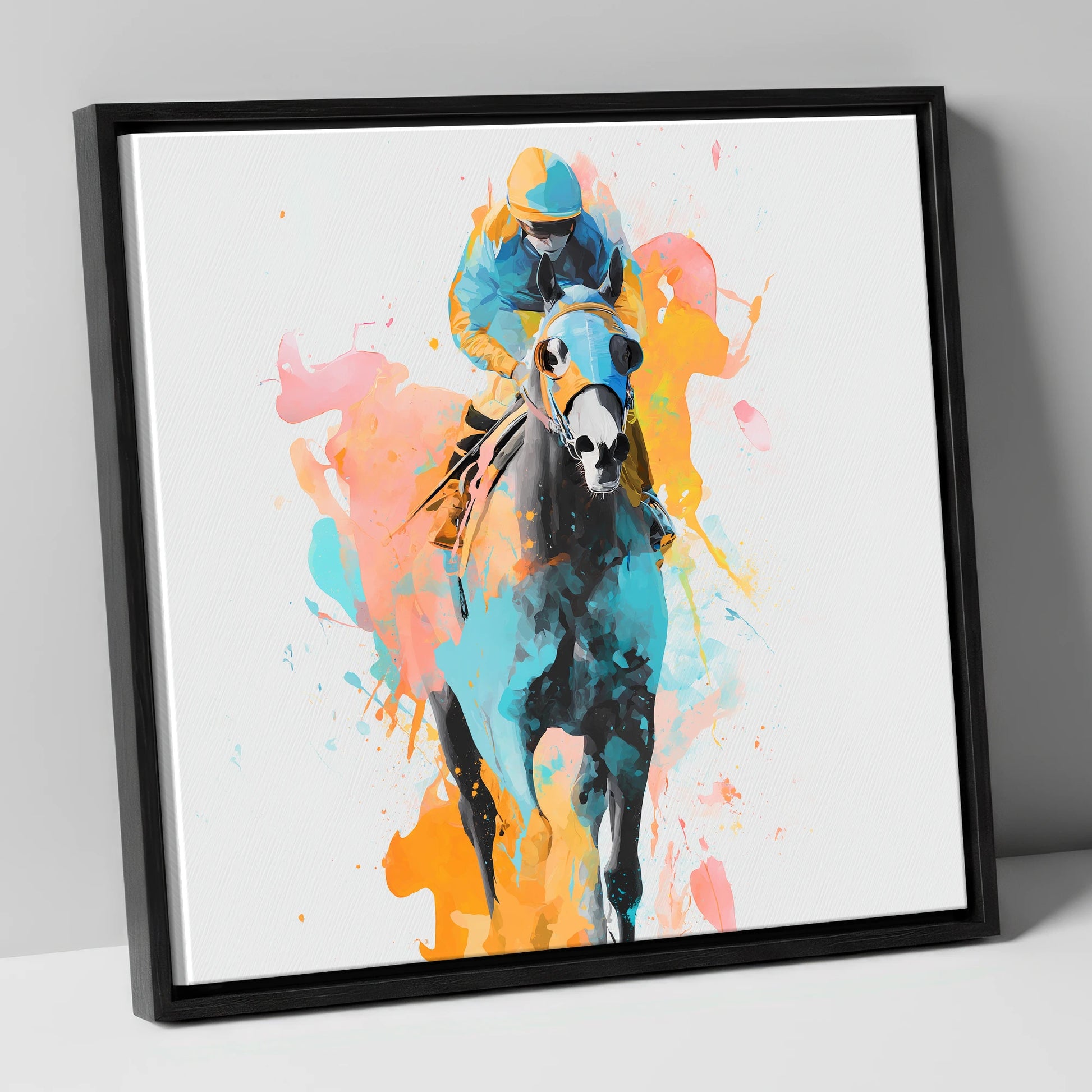 Vibrant Front Runner racing horse canvas wall art in black frame