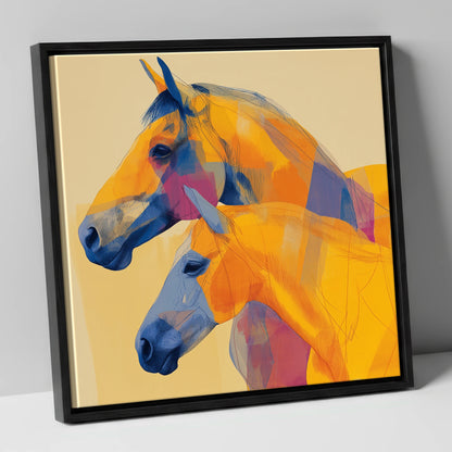 Vibrant Equine Profiles horse landscape canvas wall art in black frame